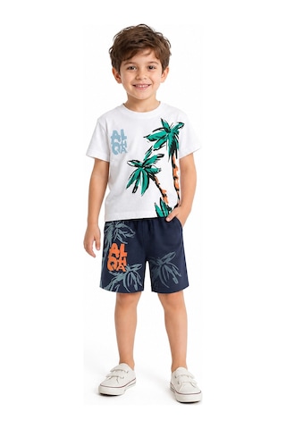 Eray Alp Kids Erkek Çocuk Baskılı Tişört Şort Takımı Yazlık Günlük Model Beyaz