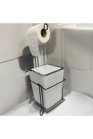 Suntel Banyo Mutfak Çöp Kovası Metal Standlı Tuvalet Kağıtlık Seti Beyaz