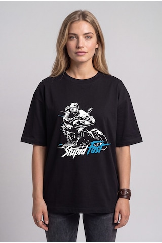 Black Nova Oversize Baskılı Unisex %100 Pamuk T-shirt Stupid Fast Siyah