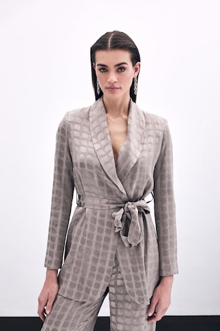 Sateen Kare Desenli Kuşaklı Ceket - Vizon-135790 Vizon