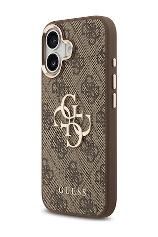 Apple Uyumlu iPhone 17 Kılıf Guess Lisanslı Gold Metal Kamera Çerçeveli Metal Büyük 4g Yazı Logolu Kapak Kahve