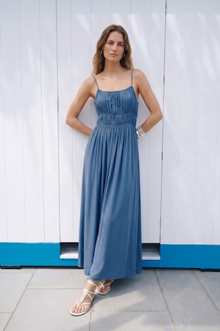 Sateen Askılı Uzun Elbise - İndigo-137496 Indigo