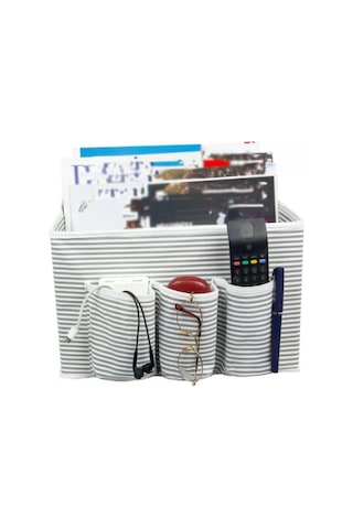 Başucu Düzenleyicisi Gri Çizgili Organizer Kutu Klasik 35x22x22 Cm Gri-beyaz