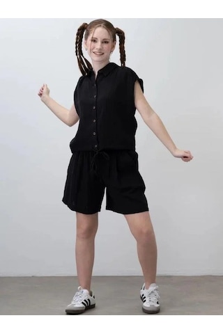 Kız Çocuk Müslin Şortlu Takım-15785 Siyah