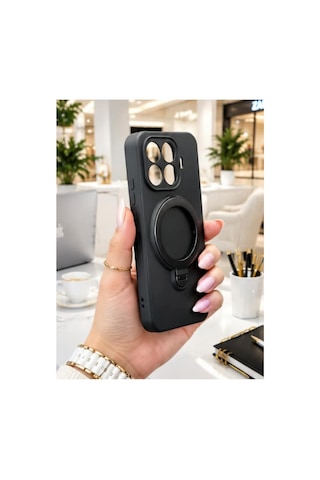 Mi 15 T Pro İle Uyumlu 360 Derece Dönebilen Kalın Metal Magsafe Halka Stantlı İçi Kadife Korumalı Ultra Lüx Premium Silikon Kılıf Siyah