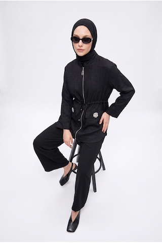 Armine Trend Beli Büzgülü Süs Cep Detaylı Tunik Siyah 26yt424