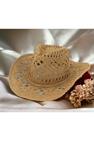 Shopiolog Geniş Kenarlı Etnik Dokulu Uv Korumalı Hasır Kovboy Şapka Camel