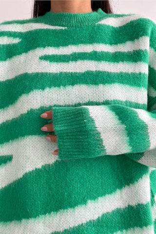 Femelle Kadın Yeşil Yeni Sezon Zebra Desen Standart Beden Geniş Kalıp Oversize Triko Kazak
