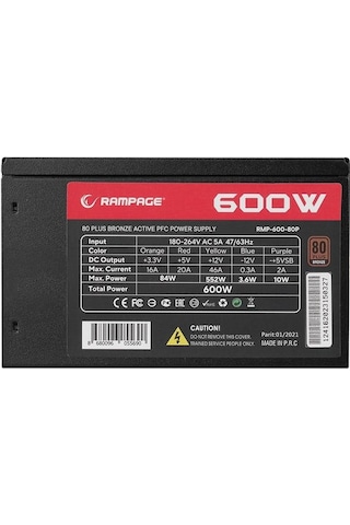 Rampage RMP-600-80P 600W 80+ Bronze Aktif PFC Güç Kaynağı