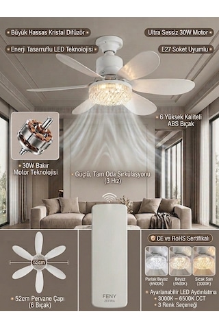 Crystal Aura 52 Cm Ultra Sessiz Led Tavan Vantilatörü 3 Kademeli Bakır Motor Kumandalı Kristal Avize Vantilatör