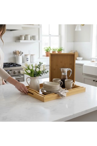 Mybru Dikdörtgen Bambu Tepsi 3'lü Set Ahşap