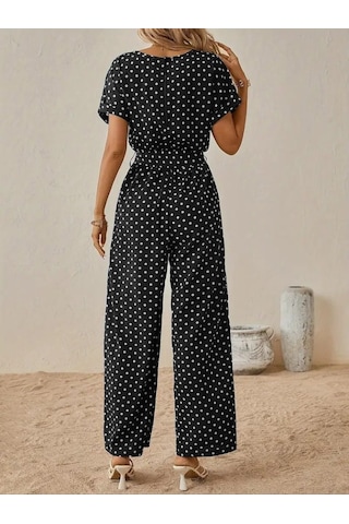 Munn Collection Kadın Kısa Kollu Kayık Yaka Belden Kuşaklı Örme Krep Tulum Siyah