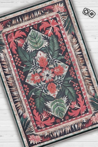 Homshtag Art Deco Soyut Bitki Temalı Halı Dijital Baskı Yeşil Kahve Renkli Rustik Çiçekli Halı Çok Renkli