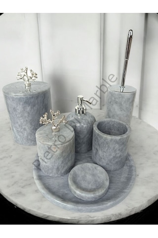 Gri Mermer Klasik Model 7 Parça Gümüş Renk Mercan Aksesuarlı Banyo Seti Gri