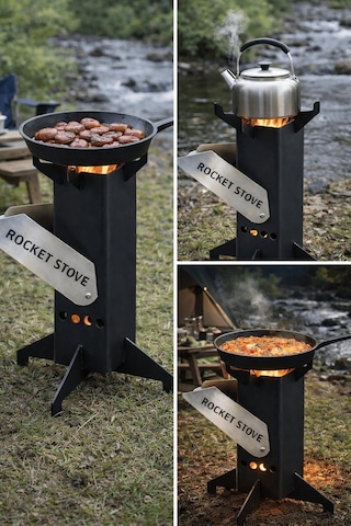 Roket Soba, Rocket Stove, Kamp Ocağı, Odunlu Kamp Sobası Çantalı Çok Renkli