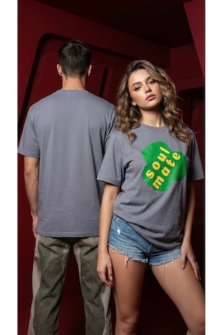Unisex Düz Renk Soul Mate Dijital Baskılı Bisiklet Yaka Basic Tişört Gri