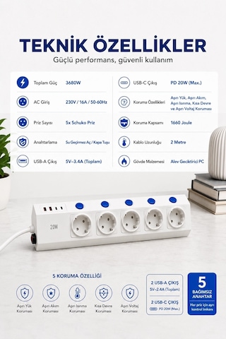 5 Li Akım Korumalı Çoklu Priz 2 Metre Kablolu 3680w 16a 5 Anahtarlı 2usb-a 2 Usb-c Pd 20w Hızlı Ftr-28 Diğer