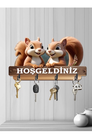 Dört Metal Kancalı 30 X 16 Cm 2d Ahşap Uv Baskılı Hoşgeldiniz Mdf Duvar Askılığı Anahtarlık V2 Çok Renkli