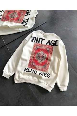 Mbb E-ticaret Kadın Bisiklet Yaka 3 İplik Baskılı Oversize Sweatshirt - Beyaz