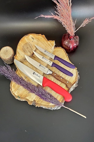 Sürmene Sürlaz Kasap Bıçak + Et Ekmek Sebze Meyve Bıçak Seti Kahverengi - Kırmızı - Mor