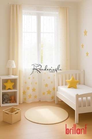 Brillant Marka Yıldız Desenli Tül Perde Örme Kumaş, Çocuk Odası İçin Özel Tasarım Sarı Sarı