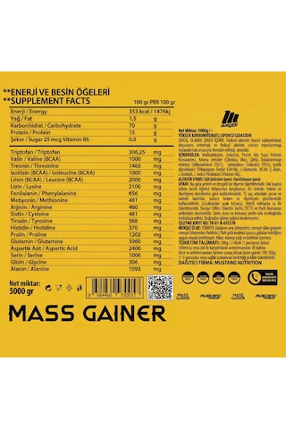 Mustang Nutrition Mass Gainer Karbonhidrat Tozu 5000 Gr 50 Servis Çikolata + Shaker + Protein Kahve Hediyeli çikolata