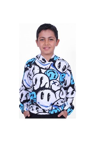 Panios Kids Mavi Emoji Desenli Kapüşonlu Unisex 2 Iplik Sweatshirt Mavi
