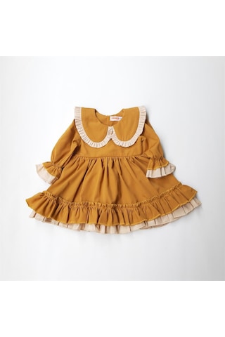 ikokokids Hardal Kız Bebek Bebe Yaka Fırfırlı Elbise