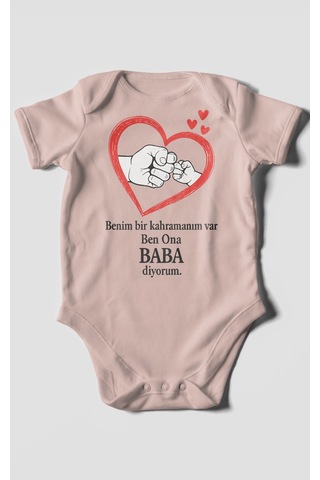 Benim Bir Kahramanım Varc Ben Ona Baba Diyorum Baskılı Bebek Zıbını Çıtçıtlı Body Kısa Kol Pastel Pembe