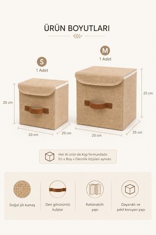 2li Kapaklı Jüt Organizer Kutu Seti 20x20x20 Cm - 25x25x25 Cm Katlanabilir Düzenleme Kutusu Organizer Seti Dolap, Raf Ve Banyo Düzeni İçin Doğal
