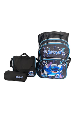 Stitch Desenli Üçlü Erkek Çocuk İlkokul Çantası + Termal Beslenme Çantası + Kalemlik Siyah