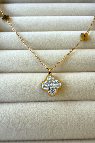 Jewels Of Hope Zirkon Taşlı Altın Rengi Yonca Kolye 316l Paslanmaz Çelik Antialerjik Kolye 50 Cm Altın