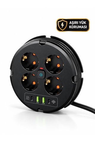 4'lü Akım Korumalı Çoklu Priz 2200w 1050j 2 Usb 2 Type-c 10a 2m Sarılabilir Kablolu 0.2 M