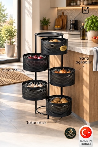 River World Tekerleksiz Rengi Siyah Açılabilen 5 Katlı Çok Amaçlı Metal Raf Mutfak, Balkon, Kiler Çok Renkli
