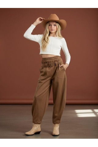 Zekids Kız Çocuk Kemerli Süet Baggy Tasarım Pantolon-16465 Camel