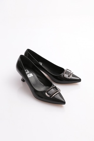 Dgn K510 Kadin Sivri Burun Aksesuarli Topuklu Ayakkabi Siyah Rugan