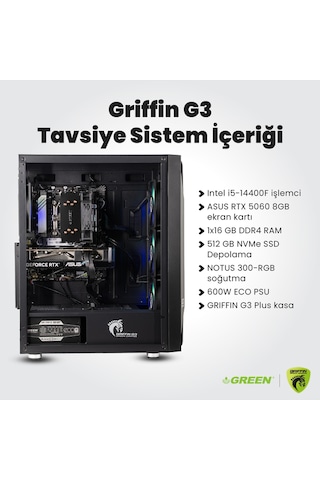 Green GRIFFIN G3 PLUS i5-14400f 16 GB 512 GB SSD RTX5060 Free Dos Oem Paket Masaüstü Oyuncu Bilgisayarı