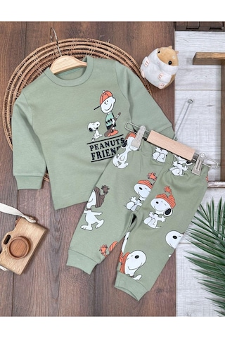 Bisiklet Yaka Peanuts Baskılı Alt Üst 2'li Pijama Takımı 4bb2 Yeşil