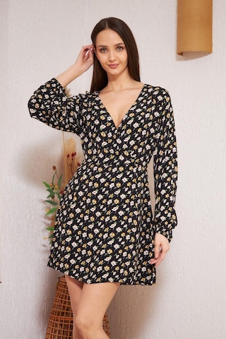 Siyah Çiçek Desenli Elbise Dm1025