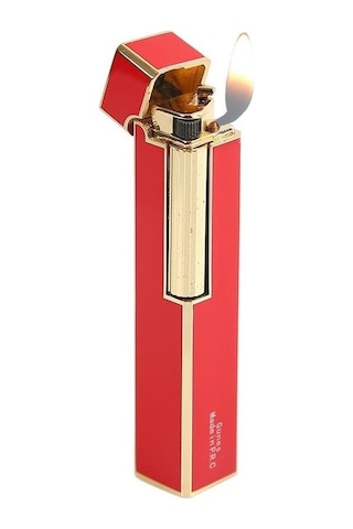 Parmida Slim Kare Metal Çakmak Kırmızı Taşlı Gazlı