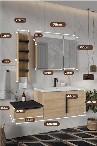 Banyo Zakkum 120 Cm Demonte Lavabolu Banyo Dolabı Dolaplı Aynalı Üst Dolap Havluluk Lefkas Meşe