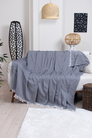 Pamuklu Zikzak Desenli Püsküllü Koltuk Örtüsü 170x210 Cm Dekoratif Ve Çok Amaçlı Siyah