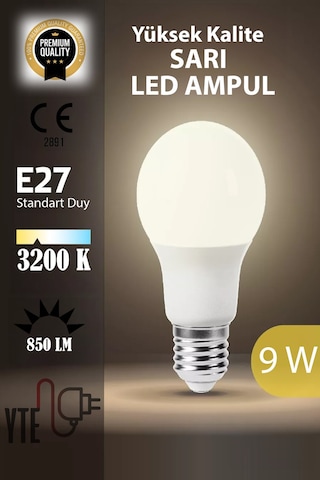 3200 K E 27 Sarı Led Ampul 9 W Yüksek Kalite Göz Yormayan Ampul
