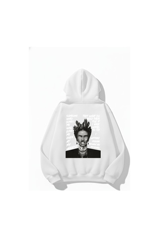 Uyguntarz Unisex Yumuşak Dokulu Frida Kahlo Viva La Vida Baskılı Tasarım Oversize 3 İplik Hoodie Sweatshirt beyaz