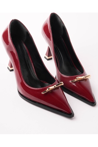 Esatsani Bordo Rugan Gold Toka Detaylı Sivri Burun 9 Cm Topuklu Rara Stiletto Kadın Ayakkabısı Bordo Rugan