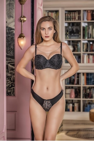 Simli Straplez Lotus Sütyen Ve Slip Külot Takım Siyah Brf31541 Siyah