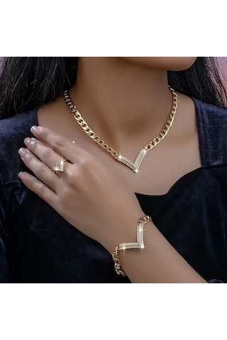 Trend Zirkon Taş İşlemeli Tam Takı Seti, Kolye, Bileklik, Yüzük Altın Kaplama 18 Gp, Ahşap Gold