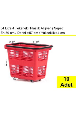 4 Tekerlek Plastik Alışveriş El Sepeti 54 Litre Kırmızı 10 Adet / En:42 Boy:54 Yükseklik:44 Cm