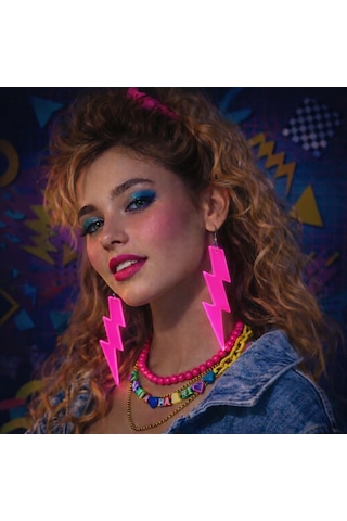 80 Ler 9039lar Retro Neon Pembe Şimşek Küpe 10 Cm "