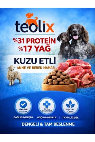 Teolix Kuzu Etli Anne Ve Yavru Köpek Maması %31 Protein %17 Yağ Dengeli & Tam Beslenme 15 Kg